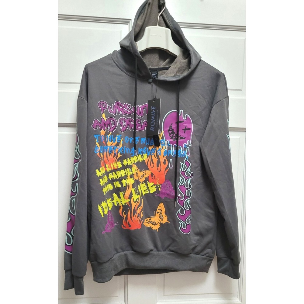 Romwe Street Life Mens Fire Slogan 'Ideal Life' Hoodie - Dark Gray - Size Small